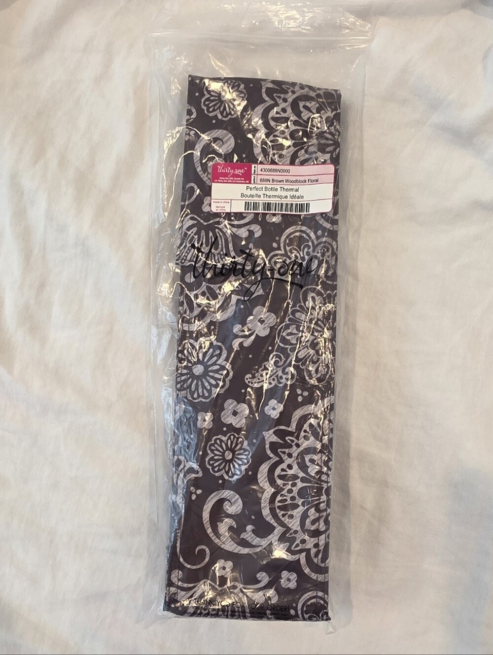 NWT Thirty-One Perfect Bottle Thermal Brown Woodblock Floral